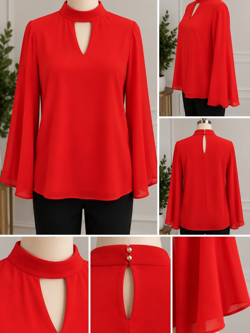 The Limited Red Keyhole Mock-Neck Flutter Sleeve Top